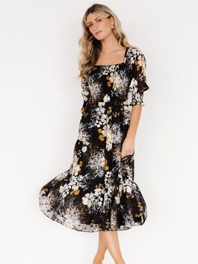 Baltic Born Black Floral Midi Dress with White and Mustard Accents